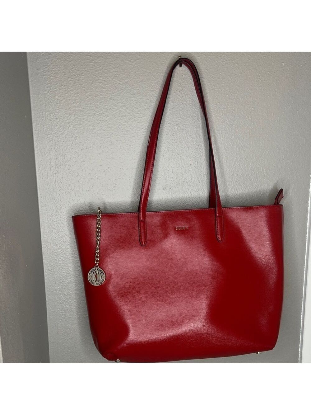 DKNY Bryant Red Leather Tote with Chain Accent